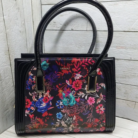 Bebe Black Multi-Floral Print Med/Lrg 2Handle Zip Pockets Square Satchel Handbag - Picture 1 of 8